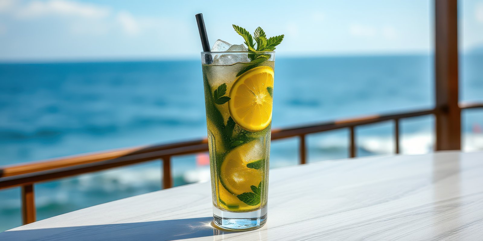 Refreshing mojito cocktail served on a beachfront terrace with a stunning ocean view during sunny weather